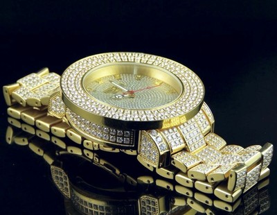 Pre-owned Khronos Yellow Gold Finish Stainless Steel 3 Rows  Simulated Diamond Watch 53mm