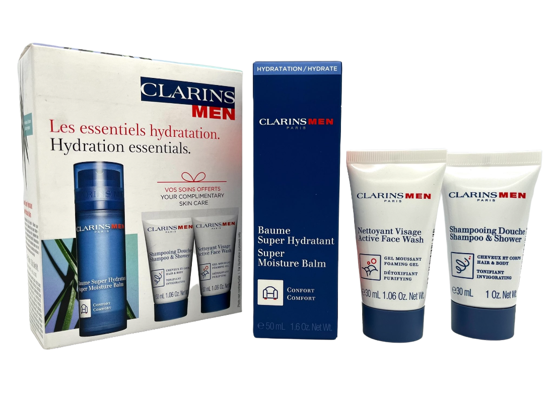 Clarins Men Hydrating Essentials 3pc Travel Set, увлажняющий шампунь для мытья лица