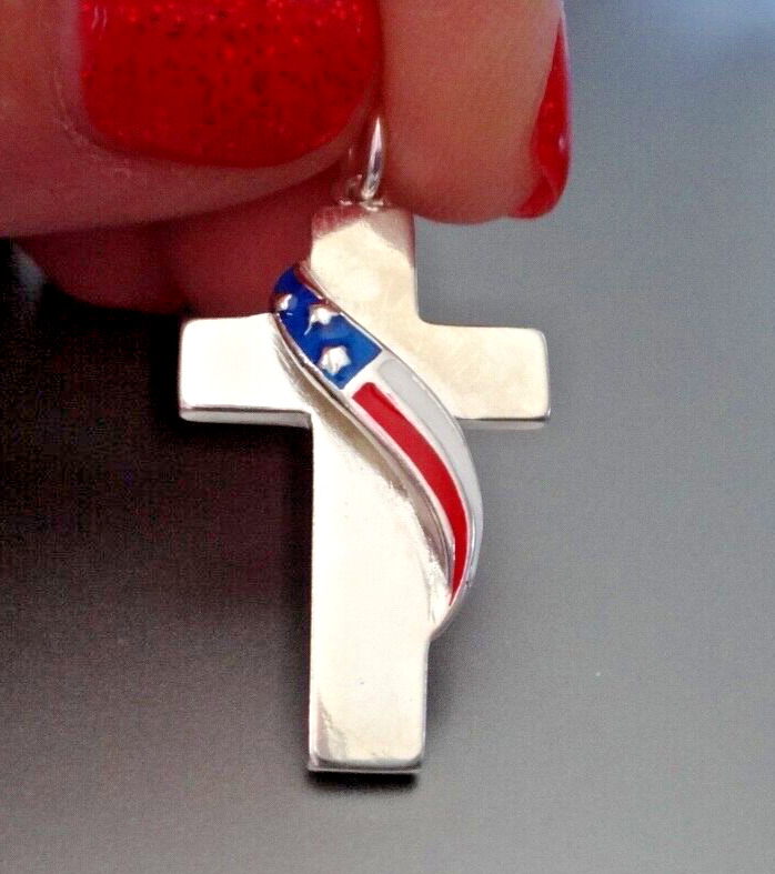 29mm Plain Cross With Red White Blue Flag Draped Military Sterling Silver Charm