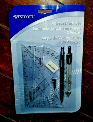 Westcott 8pc. Math Set: Compass/Refills/Protractor/Ruler/Triangles/Pen & Eraser!