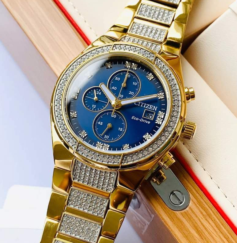 Pre-owned Citizen Blue Dial Eco-drive Crystal Gold Tone Men's Watch Ca0752-58l