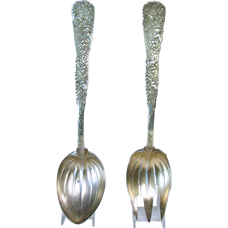 Large Signed Sterling Tiffany Salad Fork and Spoon with Grape