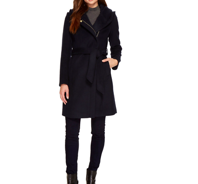 Cole Haan Womens Wool Blend Asymmetrical Zip Trench Coat Navy