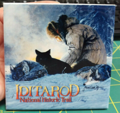 Alaska Ceramic Kitchen Trivet Jon Van Zyle Firelit print on it Dogteam scene 4x4