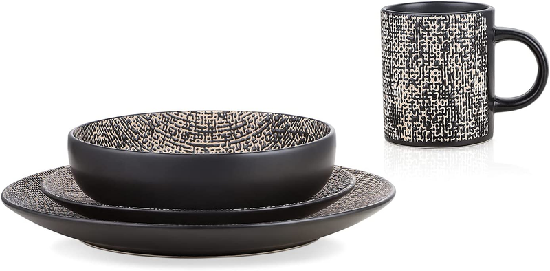 Stone + Lain Sophie Rustic Stoneware Dinnerware Service for 4, Brown and White T