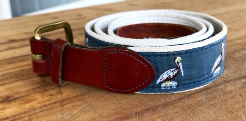 Vintage Belt 1980s Bird Design Fabric Belt Leather Accents Beach Theme Spring