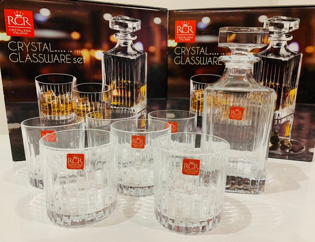 RCR 7Pcs Italian Crystal Glassware Set; 75cl Spirit Decanter & 6x