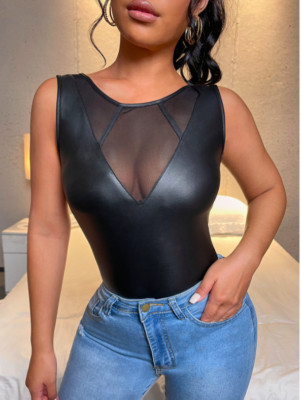 Black Solid Contrast Mesh PU Leather Tank Top Sz XS S M L XL