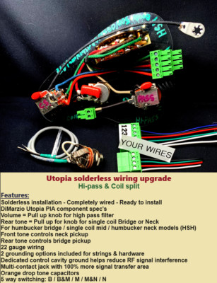 S. Vai  Utopia PIA Custom Solderless HSH Wiring Upgrade/Hi-Pass/Dual Coil Split