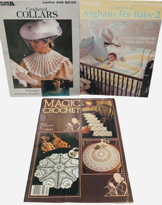 3 Crochet Leaflets Collars, Baby Afghans & Bedspreads, Dollies, Tablecloths