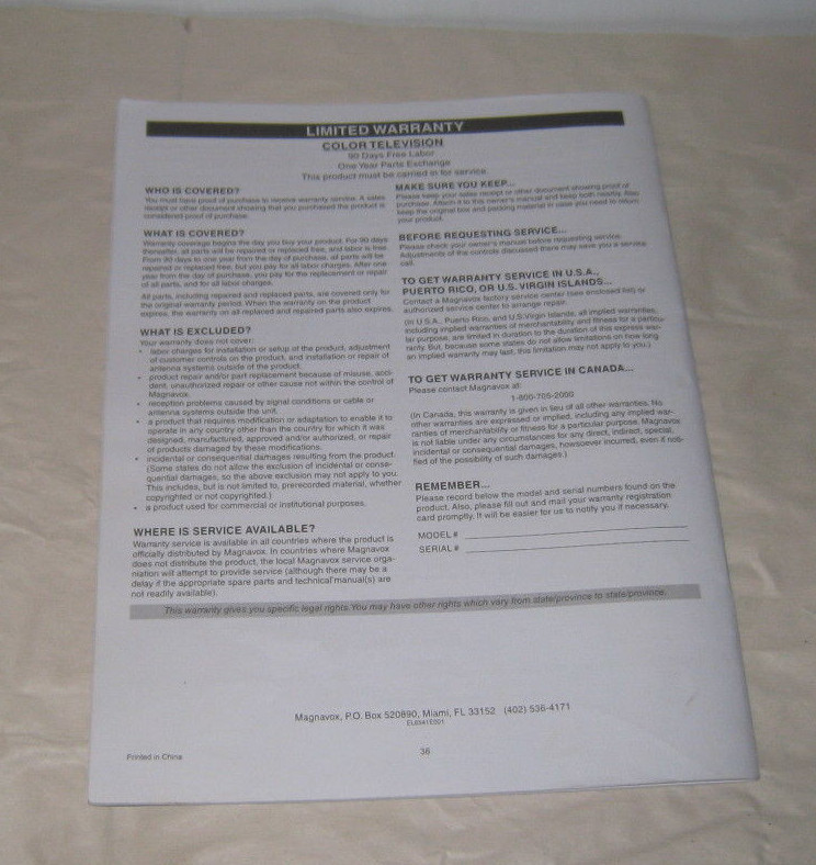 Owner's Manual MAGNAVOX Color Television 20MS3442/17 IB8457E001  Pages 36