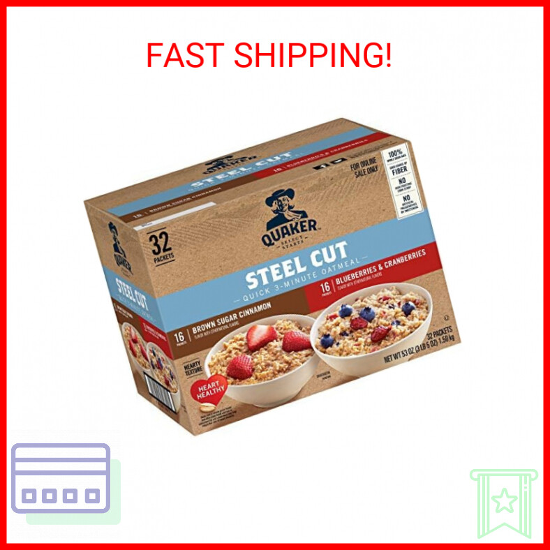 Quaker Steel Cut Quick 3-Minute Oatmeal, 2 Flavor Variety Pack, Individual Packe