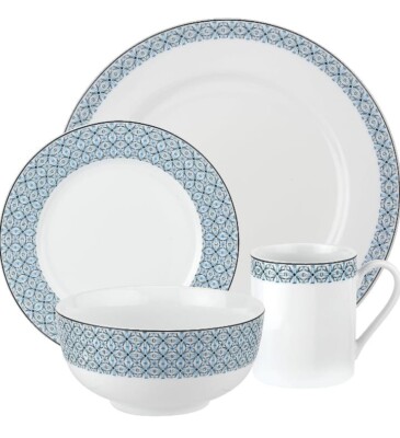 16 Pc Porcelain Portmeirion  Home Dinner Ware  White   Blue Geom  Pattern