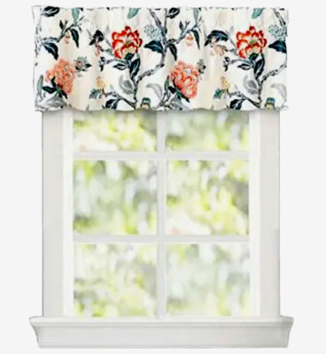 Ada Botanical Print Flower Floral Drift Away Curtain Valance Teal Coral 52 X 14 
