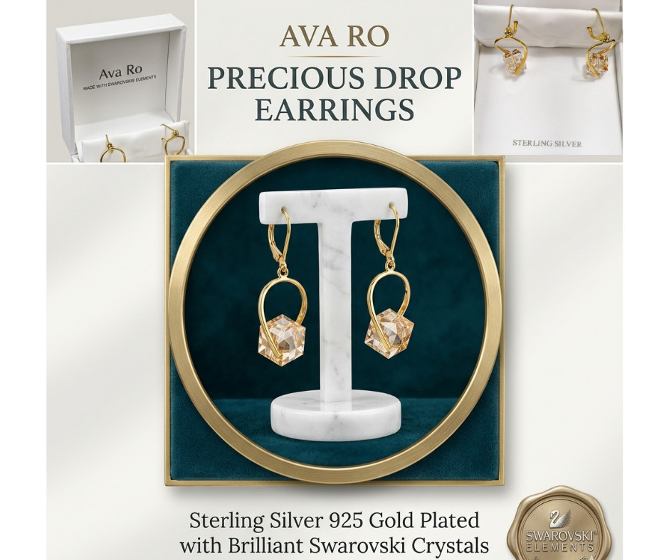 Ava Ro Sterling Silver 925 Gold Plated Drop Earrings with Swarovski Crystals