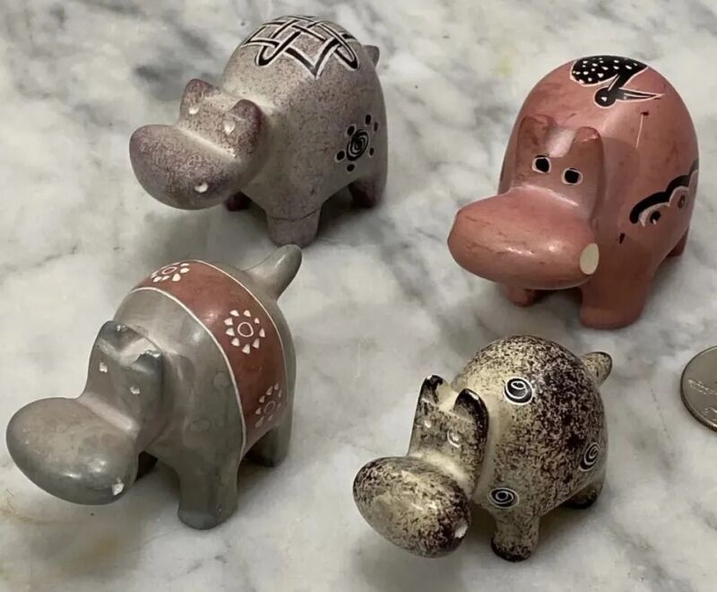 4 beautiful Carved Soapstone Hippopotamus. Hippo Kenya