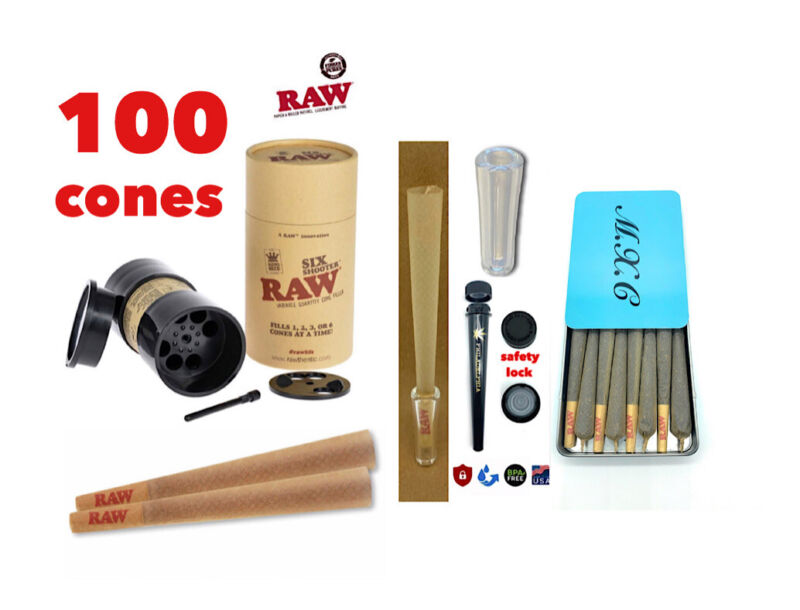 Raw Classic King Size Cone(100pk)+raw Six Shooter +tube+glass Cone Tip+cone Case