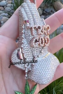 Pre-owned Nsg 3d Praying Hand Real Moissanite Custom Religious Pendant Silver Free Rope Chain In White