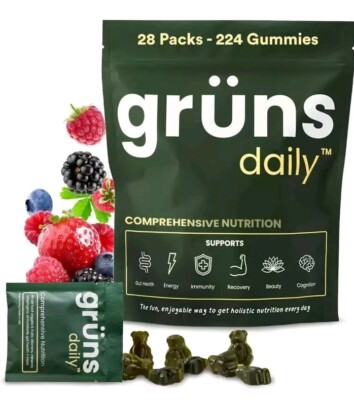 Gruns Daily Gummies Super Greens Organic Spirulina and Chlorella 28 Packs