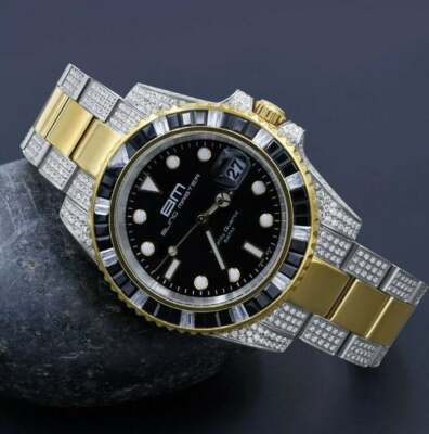 Pre-owned Bling Master Mens 18k 2 Tone Gold Finish Stainless Steel 40mm Simulated Diamond Watch W/date