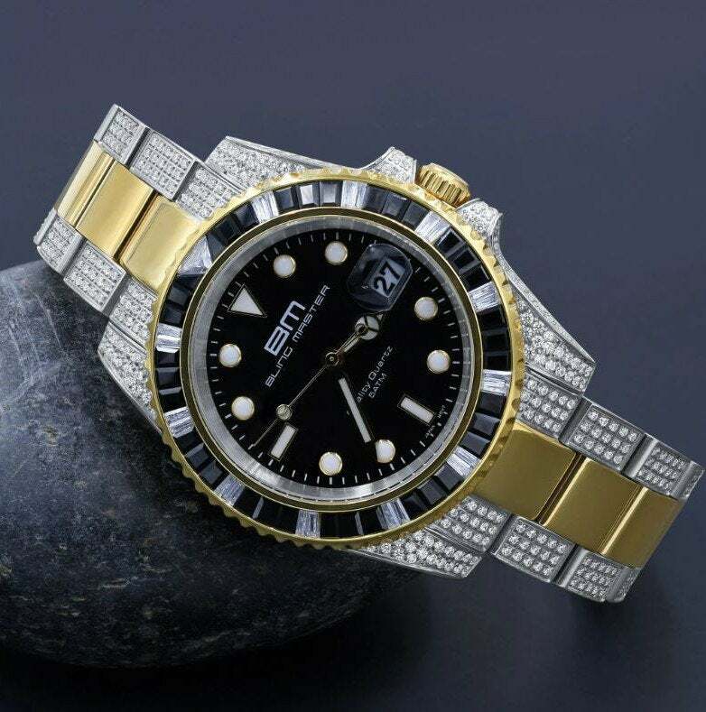 Pre-owned Bling Master Mens 18k 2 Tone Gold Solid Stainless Steel 40mm Simulated Diamond Watch W/date