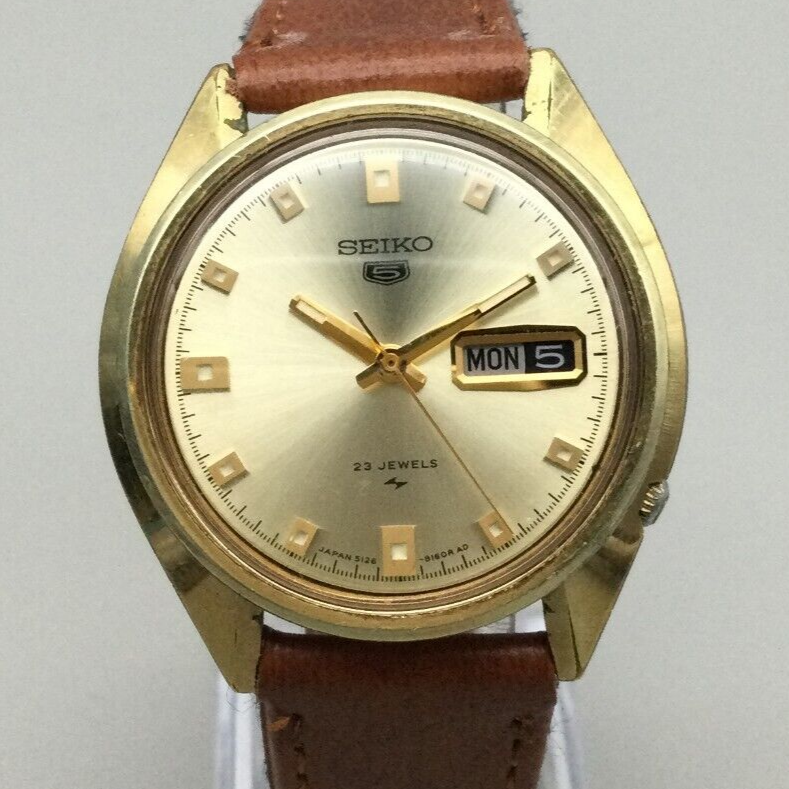 Vintage Seiko 5 Automatic Watch Men 38mm 5126-8110 Gold Tone