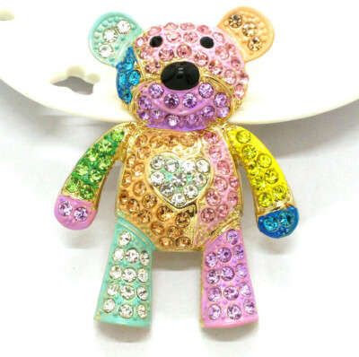 COLORFUL Heart TEDDY BEAR Rhinestone Betsey Jonson Necklace Pendnt BROOCH Purple