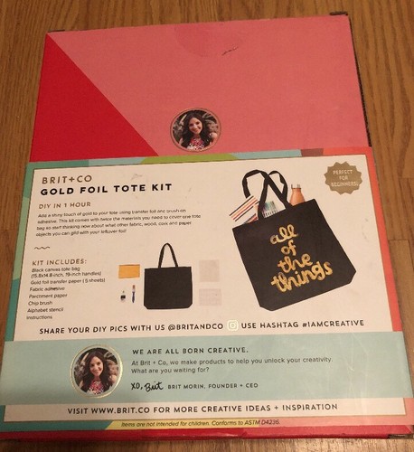 NEW BRIT+CO DIY Gold Foil DIY Black Canvas Tote Bag Craft Customization Kit