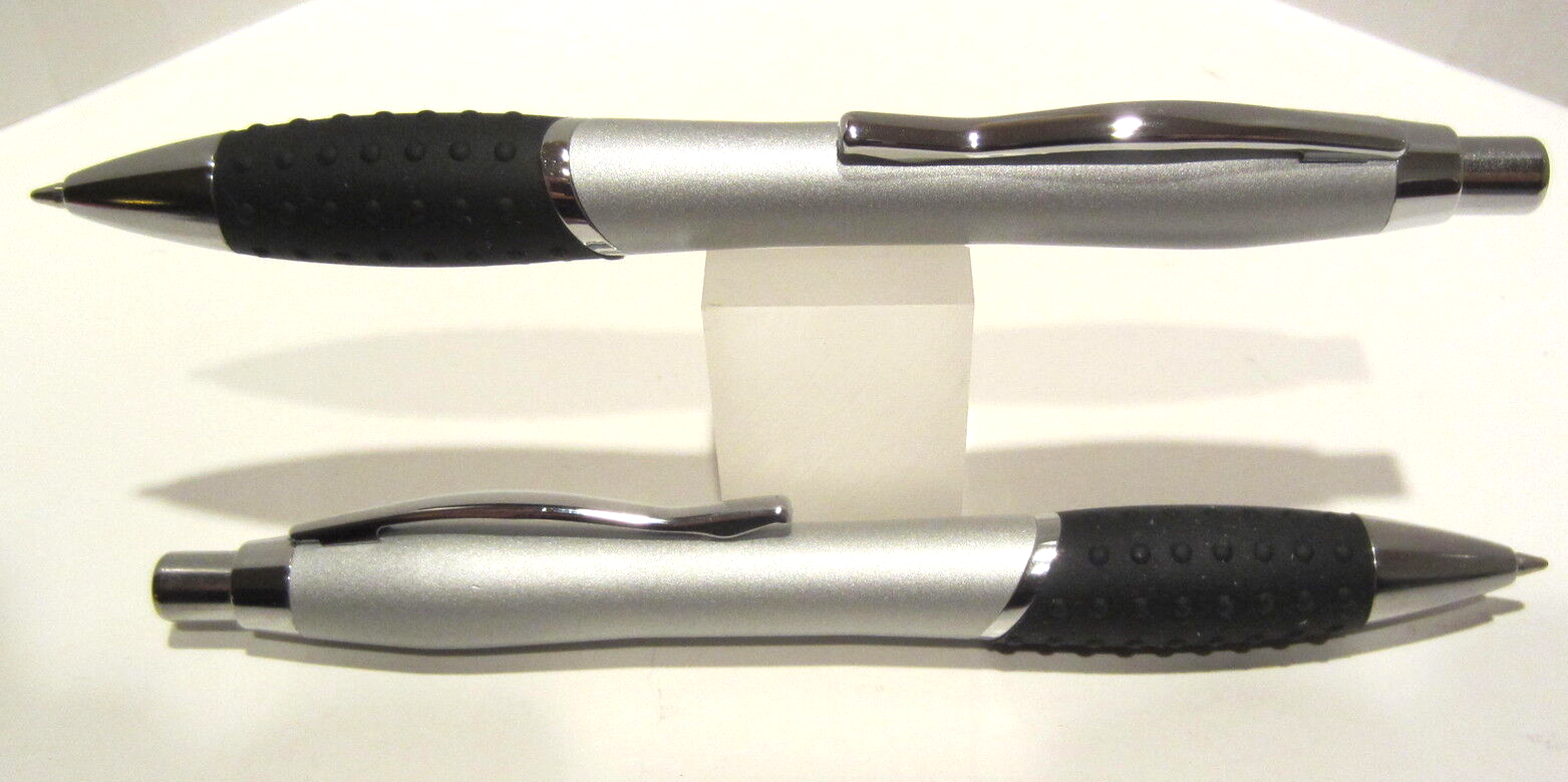2 TERZETTI BUMP Silver Ballpoint Pen-Large Heavy Metal /Rubberized grip