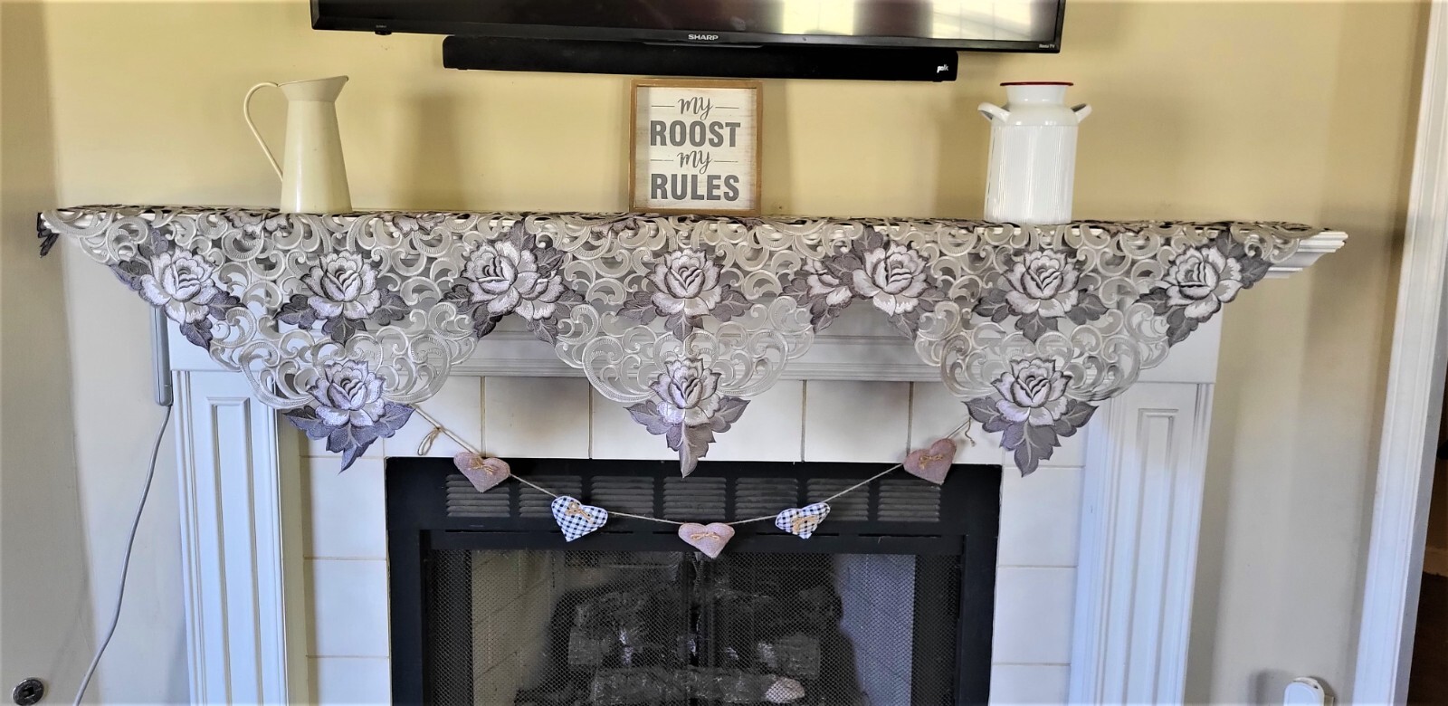 Doily Boutique Table Runner, Dresser Scarf,or Doily with Silver Gray Roses