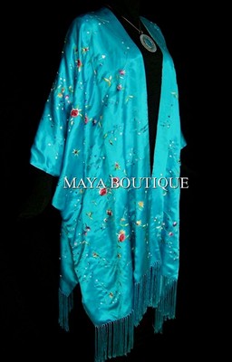 Pre-owned Maya Matazaro Turquoise Embroidered Silk Kimono Caftan Duster Opera Coat  Plus In Blue
