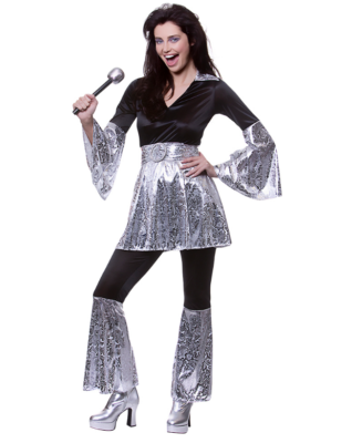 NEW 1970 s Mamma Mia Black Silver Abba Ladies Fancy Dress Costume Top Flares