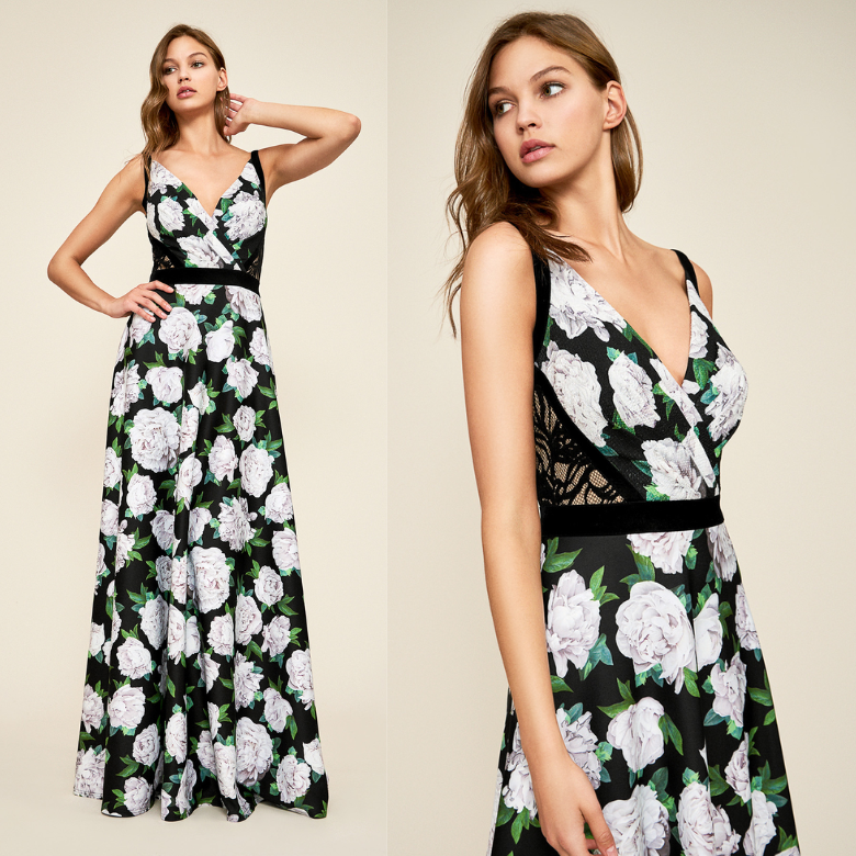 Pre-owned Tadashi Shoji Tadahi Shoji Neoprene Aline Floral Print Gown Sleeveless Long Dress In Black, Green, White