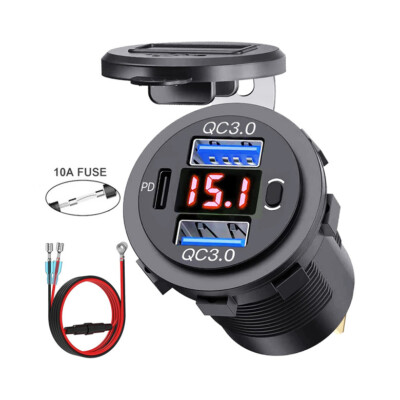 USB Car Charger Dual QC3.0 PD Port With Voltmeter Outlet Socket for 12V Boat RV