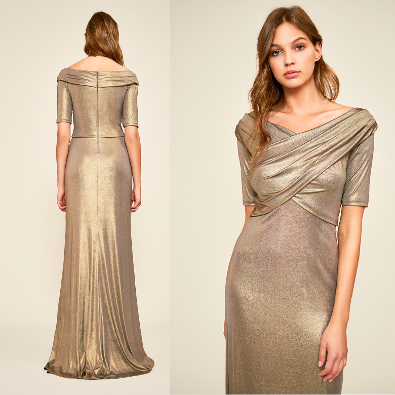 Pre-owned Tadashi Shoji Metallic Gold Aline Gown Short Sleeve Party Long Dress Maxi