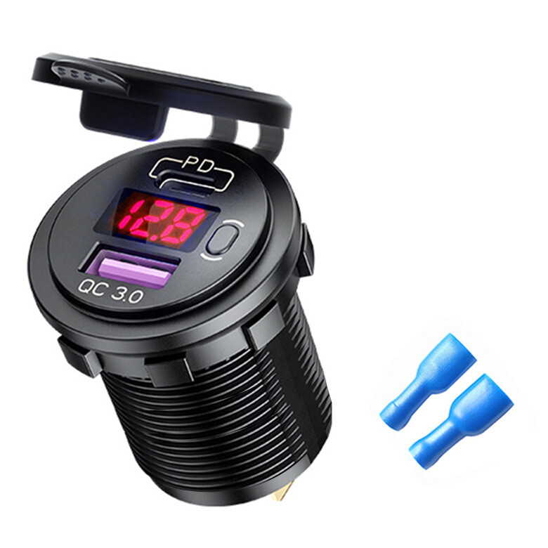 12V QC3.0 Dual USB Car Fast Charger Socket Power Outlet LED Voltmeter Waterproof