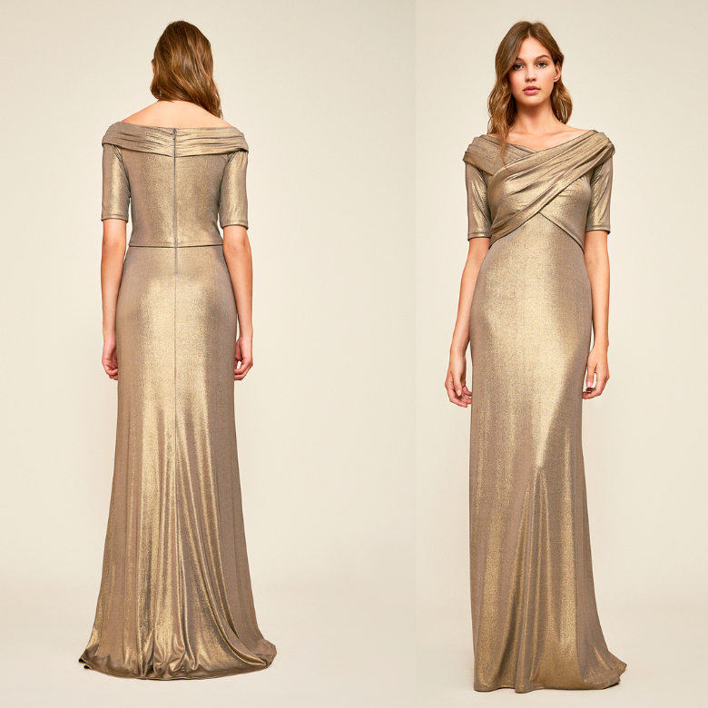 Pre-owned Tadashi Shoji Metallic Gold Aline Gown Short Sleeve Party Long Dress Maxi