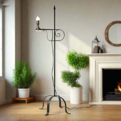Primitive Hand Forged Black Wrought Iron Floor Lamp USA