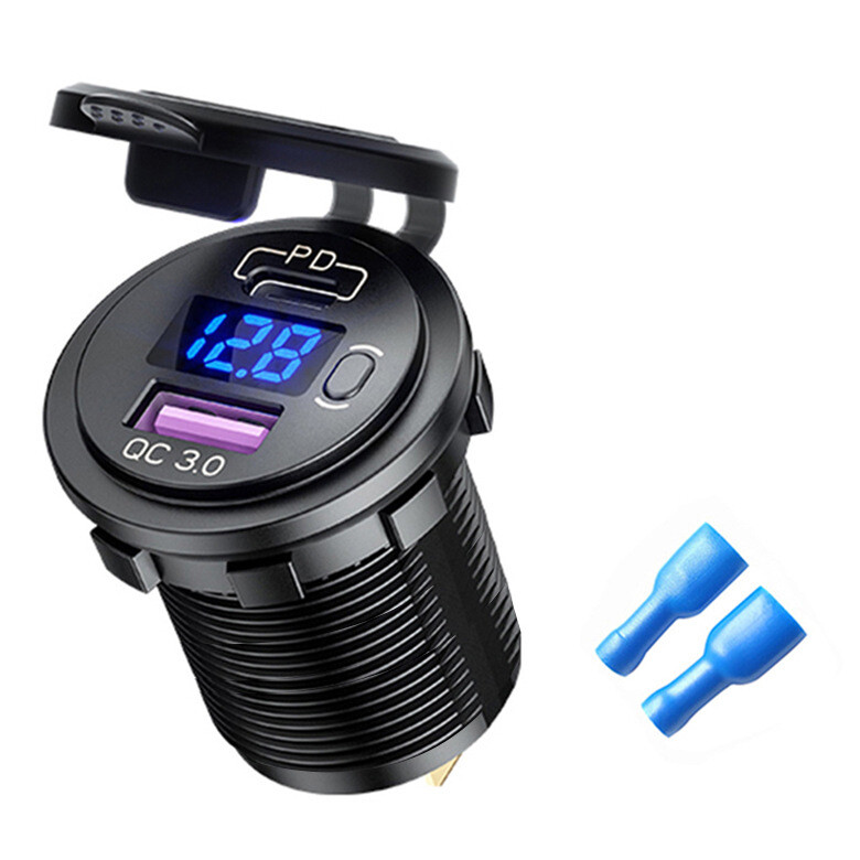12V QC3.0 Dual USB Car Fast Charger Socket Power Outlet LED Voltmeter Waterproof