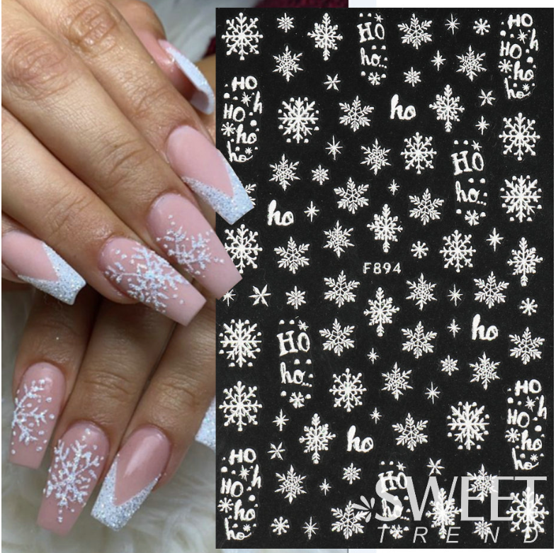 3D White Glitter Christmas Snowflake French Nail Art Sticker Manicure DIY NH22