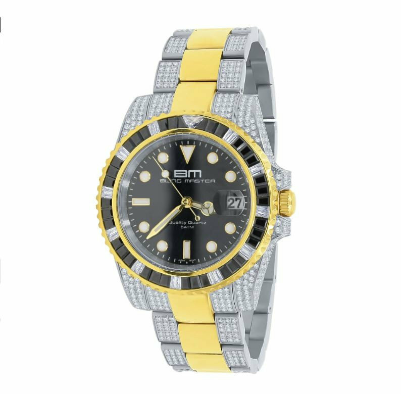 Pre-owned Bling Master Mens 18k 2 Tone Gold Solid Stainless Steel 40mm Simulated Diamond Watch W/date