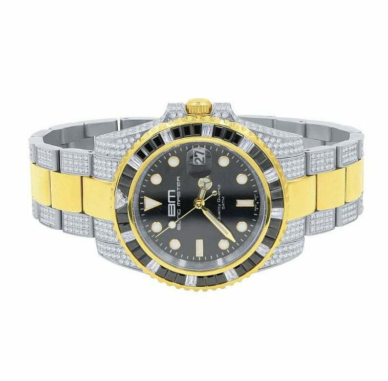 Pre-owned Bling Master Mens 18k 2 Tone Gold Solid Stainless Steel 40mm Simulated Diamond Watch W/date
