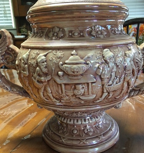 1969 VTG Shabby 1800's Large Grimms Fairytales embossed Glazed Ornate URN/Tureen