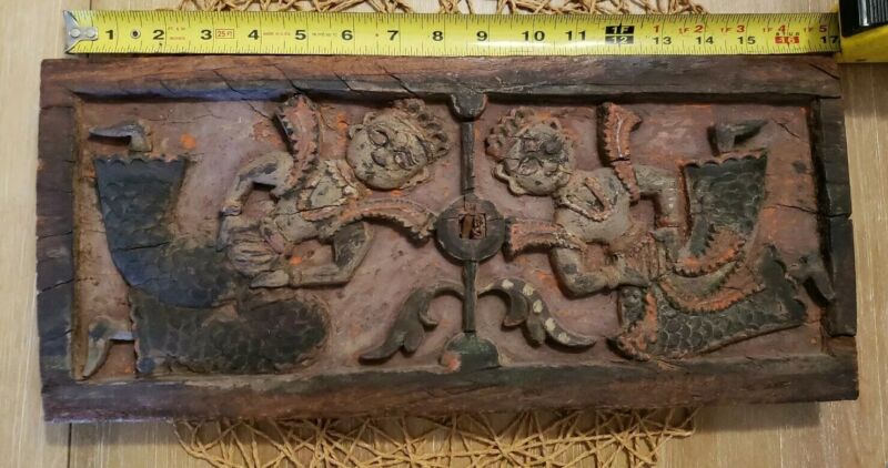 antique wood carved temple plaque javanese architectural salvage 