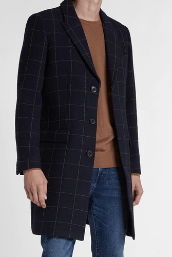 NEW Express Men's Window Pane Printed Wool-Blend Topcoat - Navy