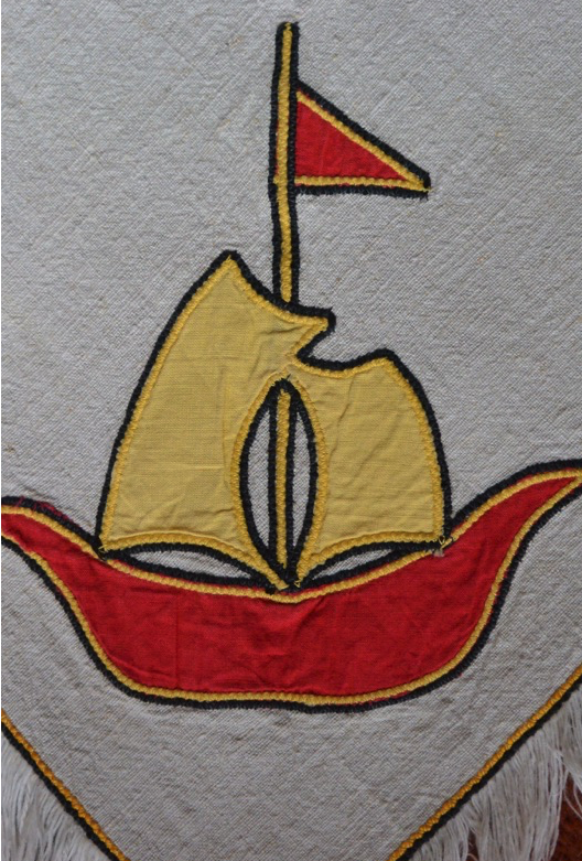 Vtg Small NAUTICAL Linen Sailboat Tablecloth Red & Yellow Sailing 30” Square EUC