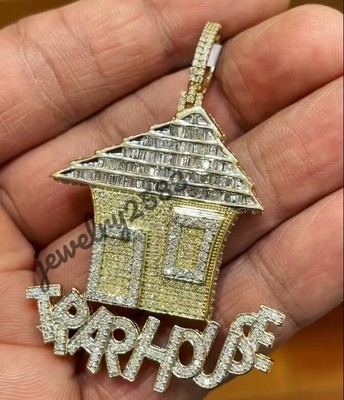 Icy Baguette VVS Moissanite Men's Trap House Charm Pendant Free Chain 925 Silver