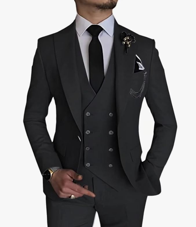 Mens XXL Black 3 Piece Suit Peak Lapel Slim Fit Jacket Vest and Pants WangYue