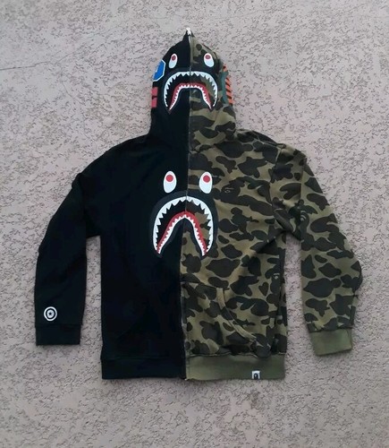 トップス Bape HALF AND HALF SHARK FULL ZIP HOODIE A Bathing Ape Hand Drawn Face Relaxed Fit Shark Full Zip