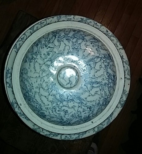 Vintage Stoneware Blue Spongeware Water Cooler Dispenser W/ Lid